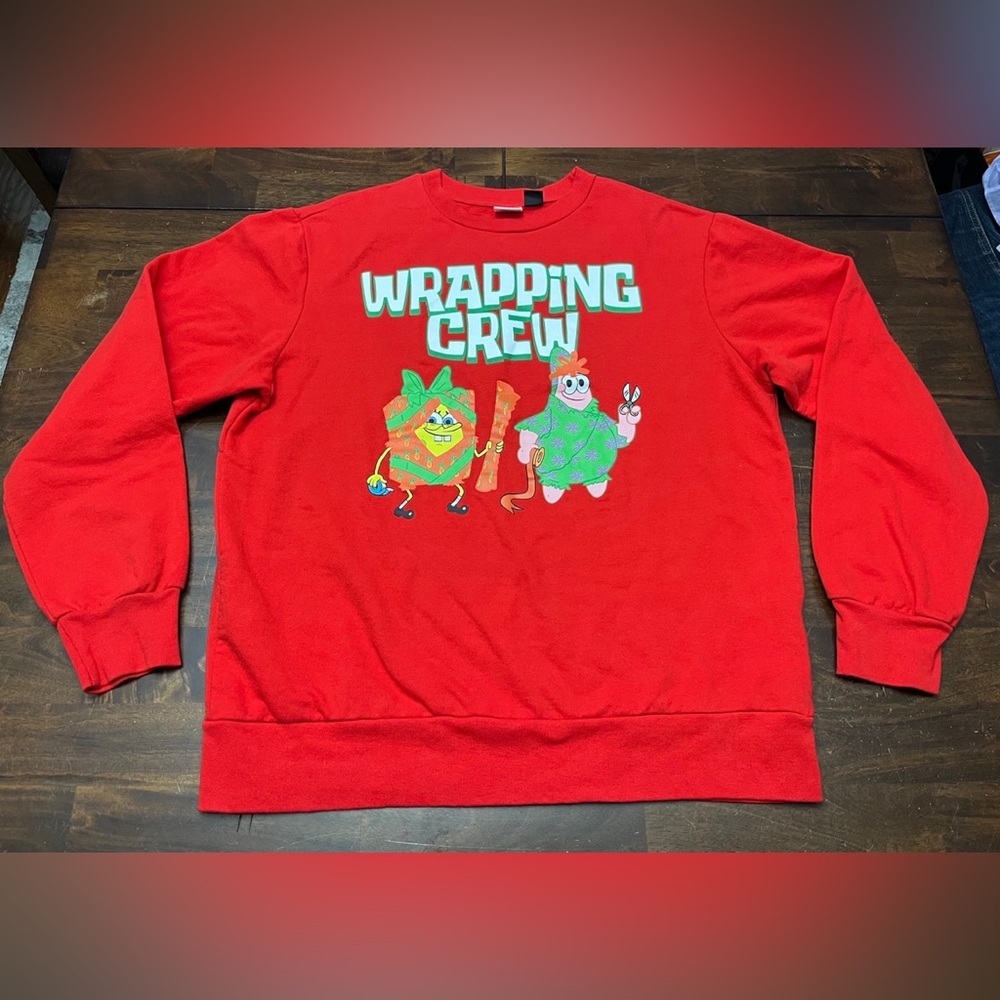 SpongeBob SquarePants Christmas Wrapping Crew Red Sweatshirt Men’s Size Large